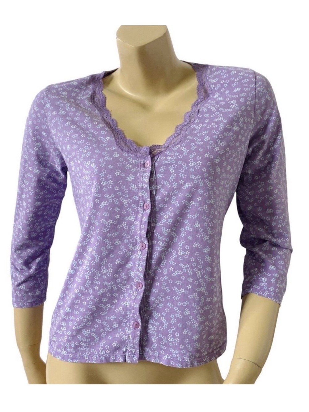 Victorias Secret Pajama Top Womens S Purple Floral Lace Trim Button Front Sleep